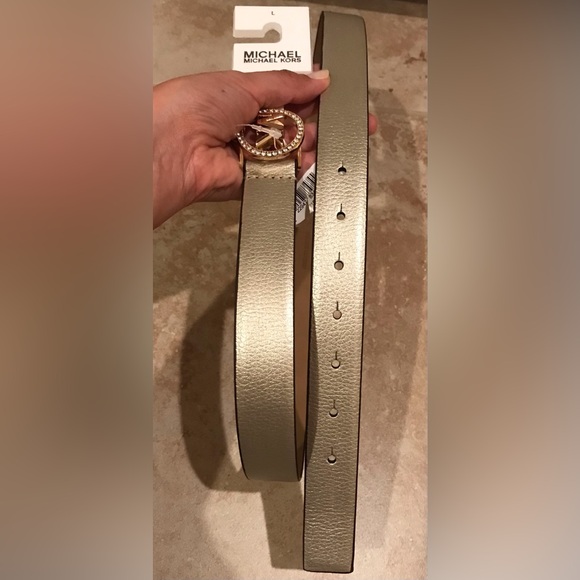 MICHAEL Michael Kors Accessories - *NWT* Michael Kors Metallic Gold Genuine Leather Skinny Logo Belt (Size L)